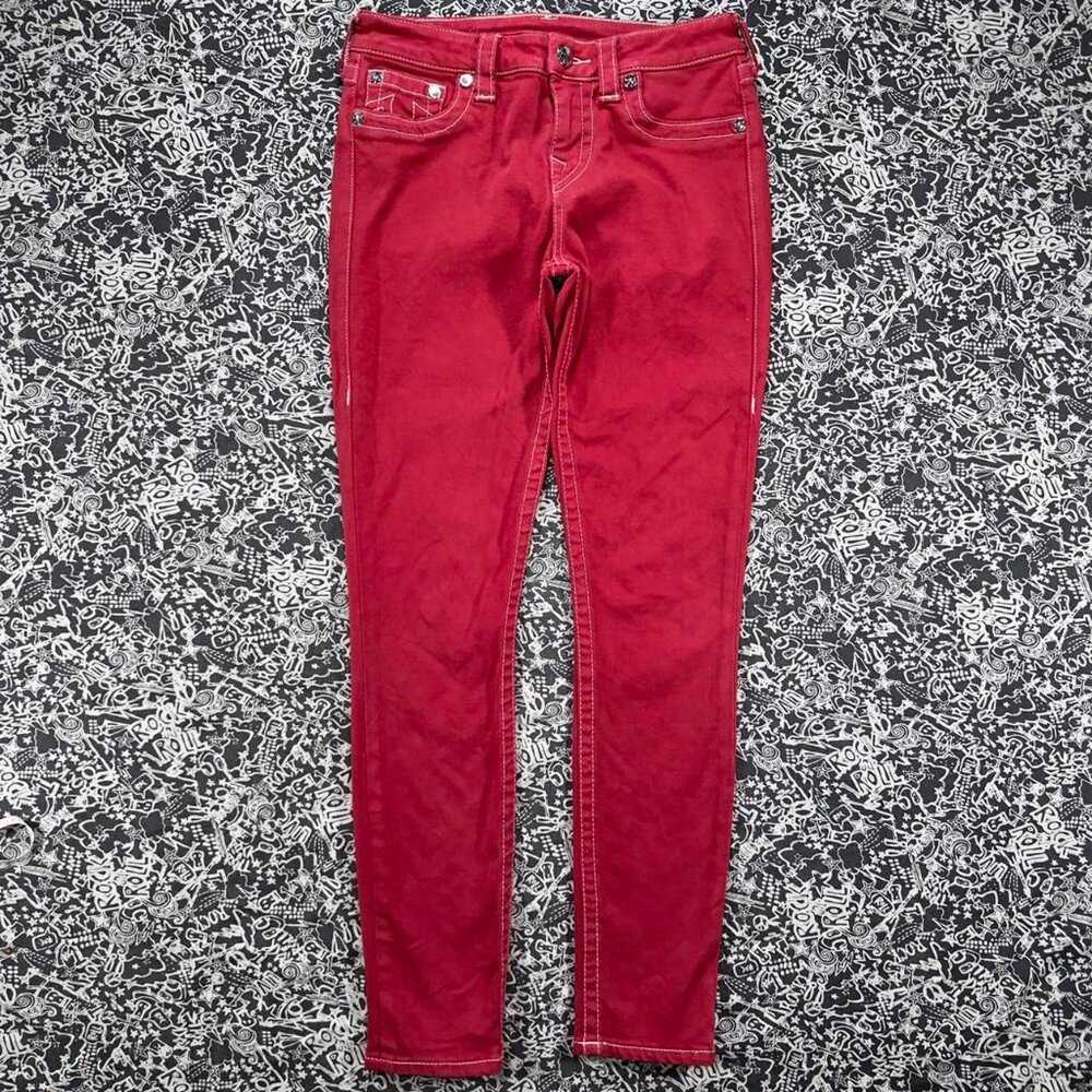 ๐True Religion Red Low Rise Skinny Jeans Size 27 Y2K Contrast Stitch - Picture 2 of 8